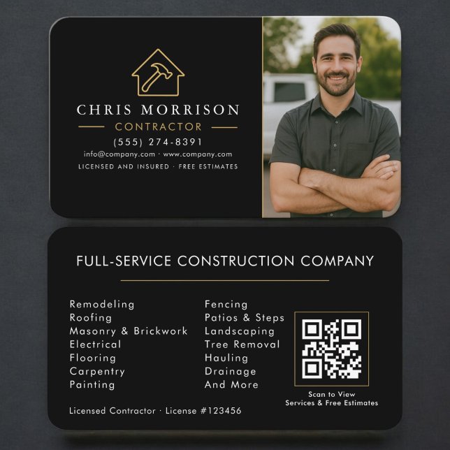 Building Construction Photo QR Code Black Gold Business Card (Creator Uploaded)