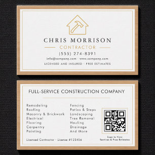 Building Construction White Gold Wood QR Code Business Card