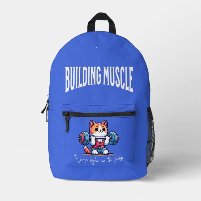 Building muscle cat - weight lifting printed backpack (Front)