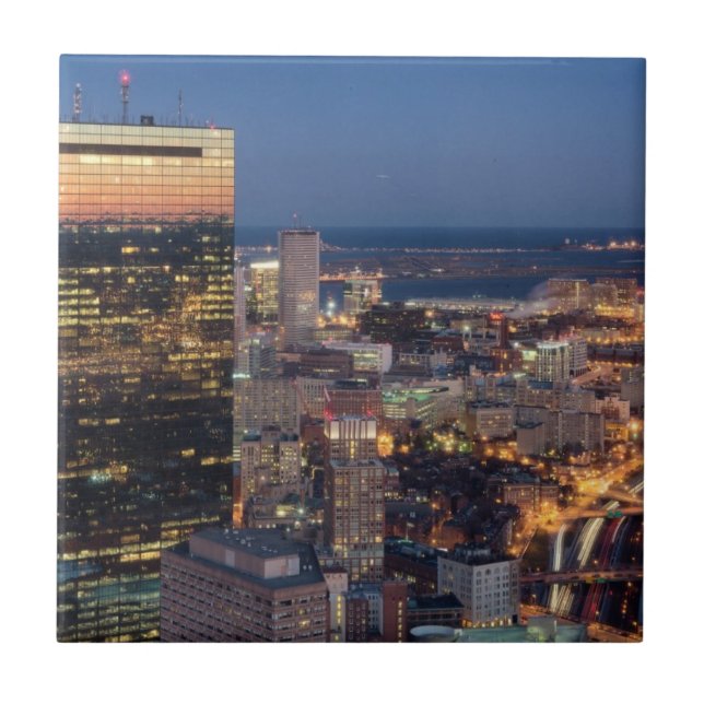 Building of Boston with light trails on road Ceramic Tile (Front)