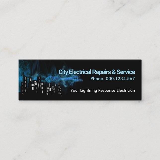 Building Silhouette Blue Electrical Storm Electric Mini Business Card (Front)