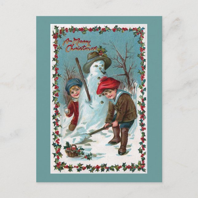 "Building the Snowman" Vintage Holiday Postcard (Front)