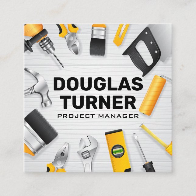 Building Tools on Wooden Table Square Business Card (Front)
