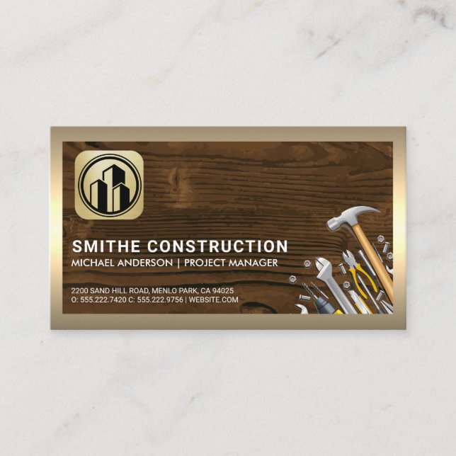 Building Tools | Wood | Gold Border Business Card (Front)