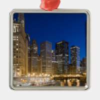 Buildings along the Chicago Riverfront at dusk.