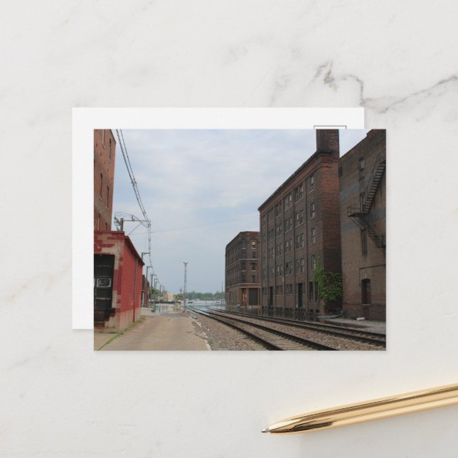 Buildings and Train Tracks in Burlington, Iowa Postcard (Front/Back In Situ)