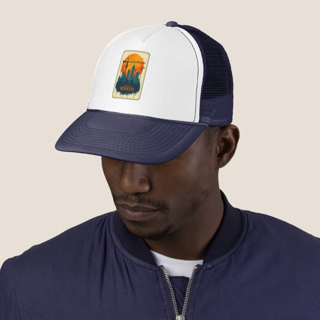Built by Workers City Builder Labor Day Design Trucker Hat (In Situ)