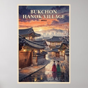 Bukchon Hanok Village Seoul Vintage Travel Poster