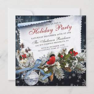 Bulfinch & Holly Berry Christmas Holiday Party Invitation
