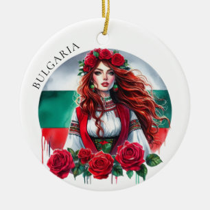 Bulgarian Flag Tradition Folklore Woman Red Roses  Ceramic Ornament