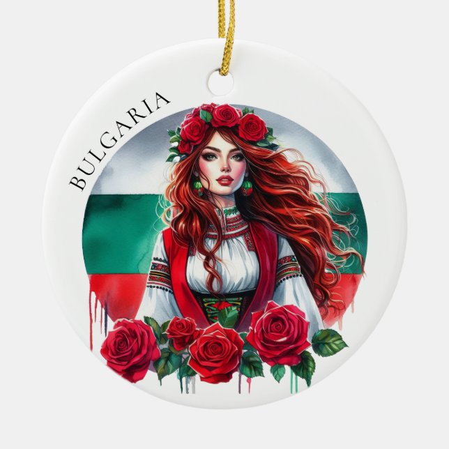 Bulgarian Flag Tradition Folklore Woman Red Roses  Ceramic Ornament (Front)