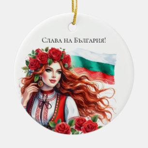 Bulgarian Flag Tradition Folklore Woman Red Roses  Ceramic Ornament