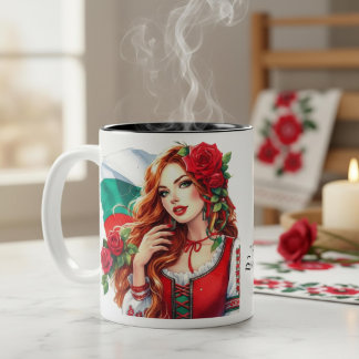 Bulgarian Flag Tradition Folklore Woman Red Roses  Two-Tone Coffee Mug