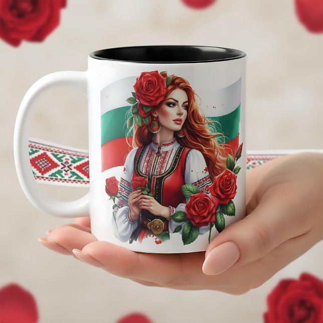 Bulgarian Flag Tradition Folklore Woman Red Roses  Two-Tone Coffee Mug (Creator Uploaded)