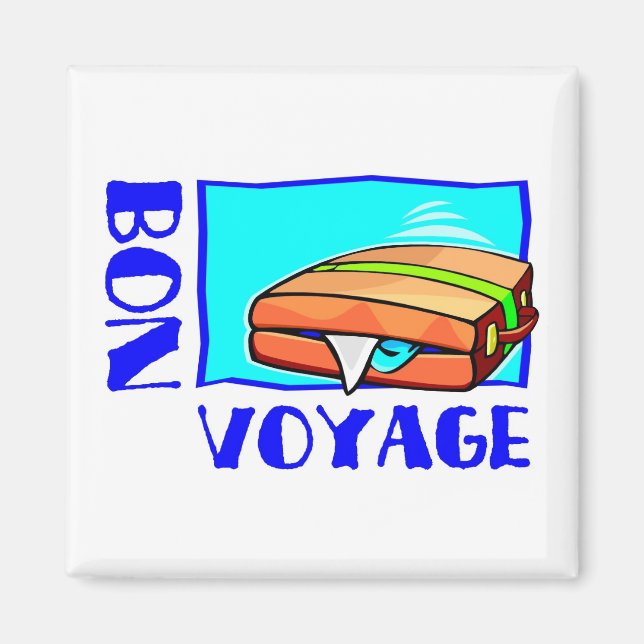 Bulging suitcase full of luggage: “Bon Voyage!” Magnet (Front)
