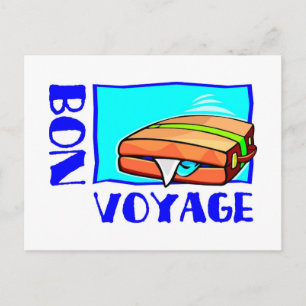 Bulging suitcase full of luggage: “Bon Voyage!” Postcard