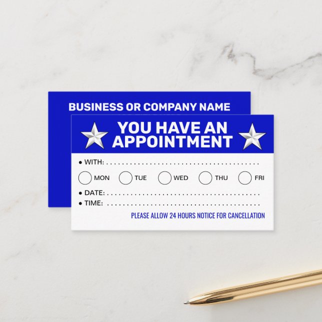 Bulk Appointment Cards (Blue and White Reminders)  (Front/Back In Situ)