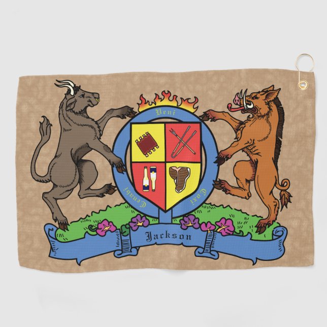 Bull and Boar Rampant BBQ Coat of Arms Golf Towel (Horizontal)