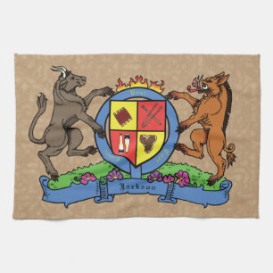 Bull and Boar Rampant BBQ Coat of Arms Tea Towel
