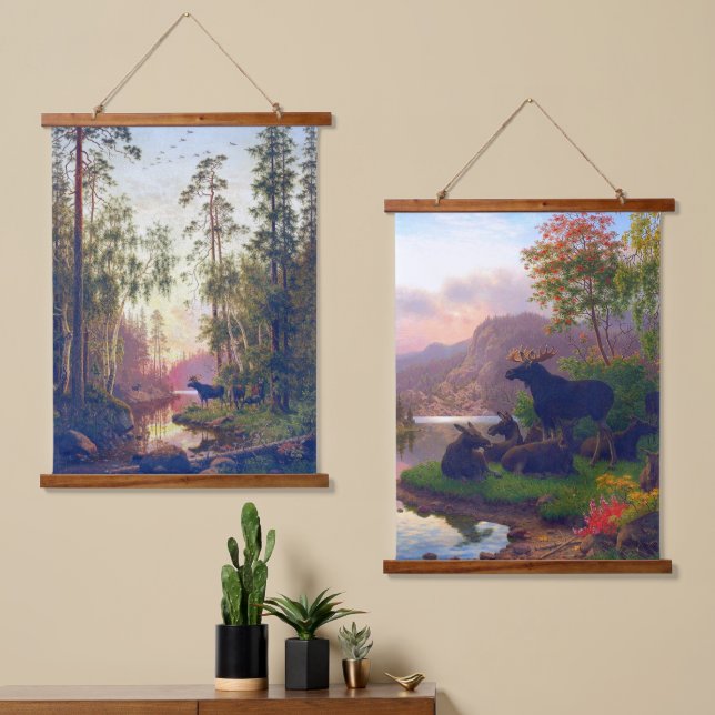 Bull and Cow Moose In The Wilderness Rustic Hanging Tapestry (Asymmetrical)