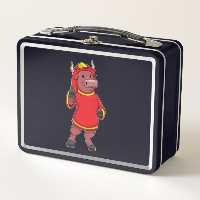 Bull as Firefighter with Helmet Metal Lunch Box (Front)