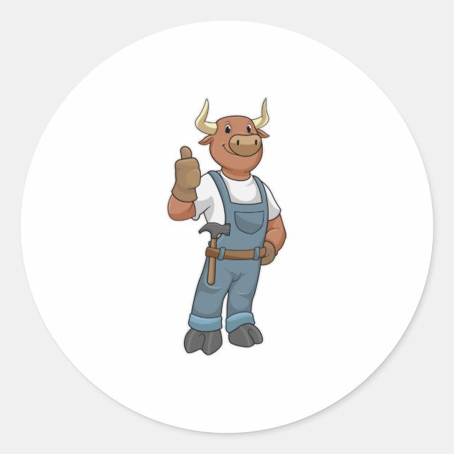 Bull as Handyman with Hammer Classic Round Sticker (Front)