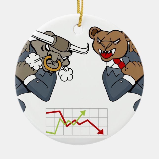 Bull Bear Battle Stock Market Cartoon Ceramic Ornament (Front)