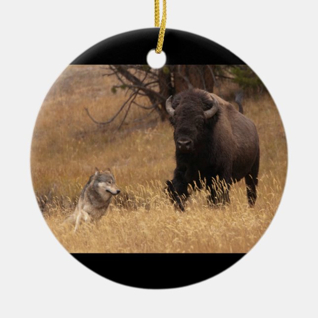 Bull Bison & Wolf Ceramic Ornament (Front)