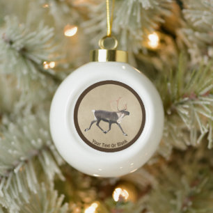 Bull Caribou (Reindeer) On Old Paper Ceramic Ball Christmas Ornament