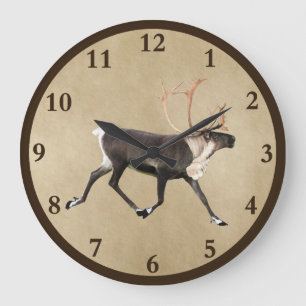 Bull Caribou (Reindeer) On Old Paper Large Clock