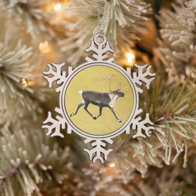 Bull Caribou Snowflake Pewter Christmas Ornament (Tree)