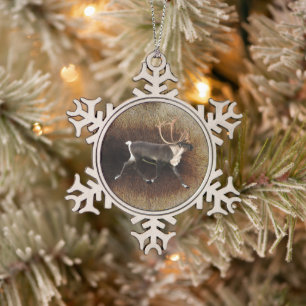 Bull Caribou Snowflake Pewter Christmas Ornament