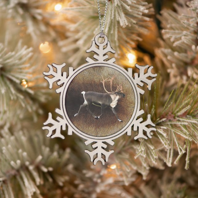 Bull Caribou Snowflake Pewter Christmas Ornament (Tree)