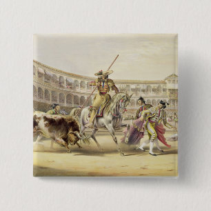 Bull Charging a Picador, 1865 (colour litho) 15 Cm Square Badge