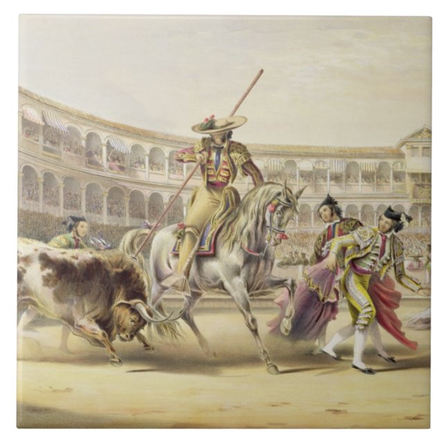 Bull Charging a Picador, 1865 (colour litho) Ceramic Tile (Front)