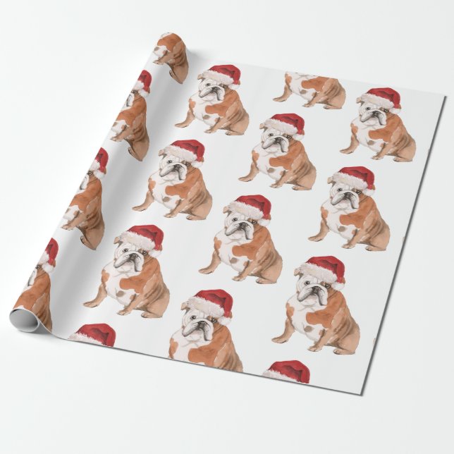 Bull Dog Christmas Santa Hat Wrapping Paper (Unrolled)