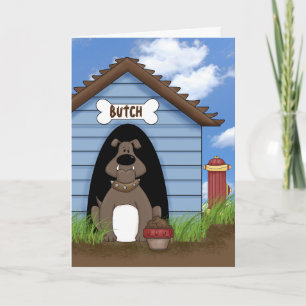 bull dog in dog house birthday card