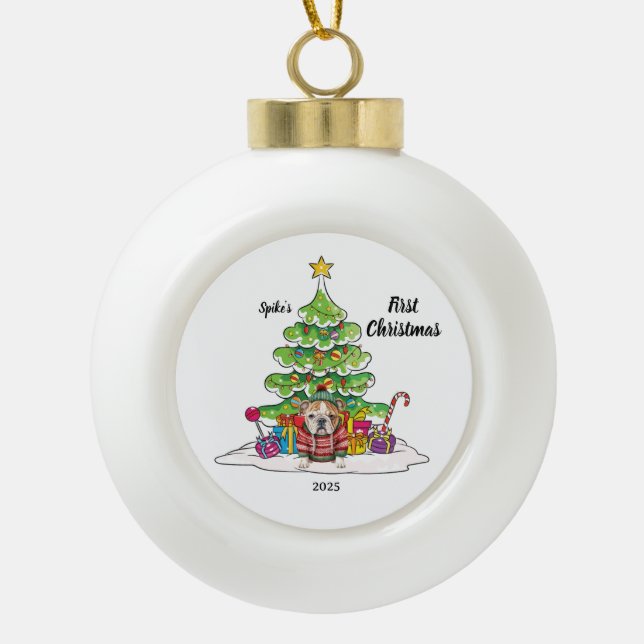 Bull Dog Pet First Christmas Photo under Tree Ceramic Ball Christmas Ornament (Front)