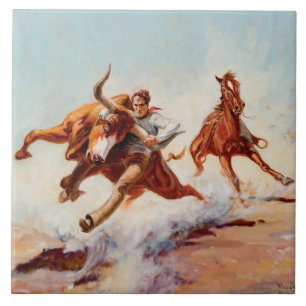 “Bull Dogger” Western Art by Will James Ceramic Tile