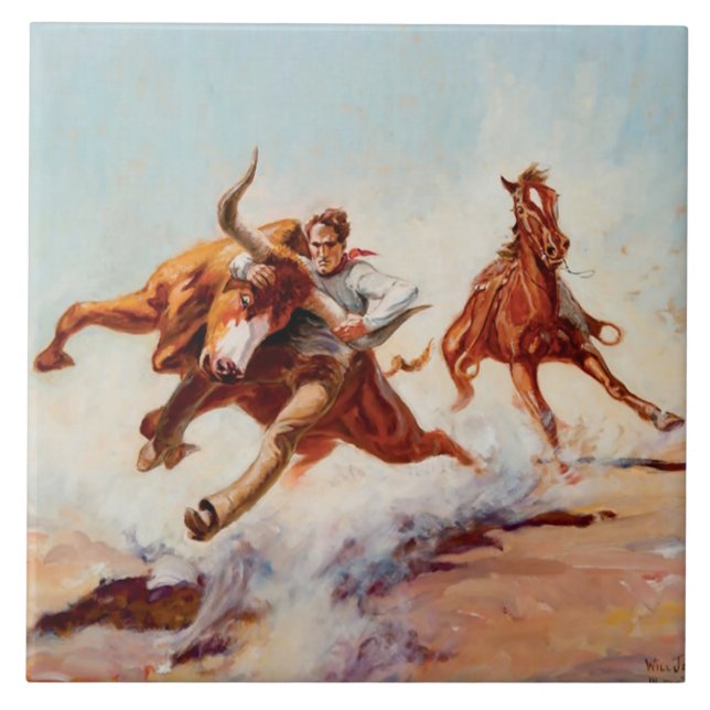 “Bull Dogger” Western Art by Will James Ceramic Tile (Front)