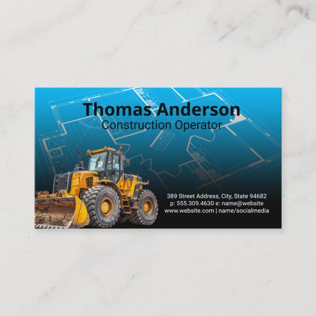 Bull Dozer | Construction Blue Prints Business Card (Front)