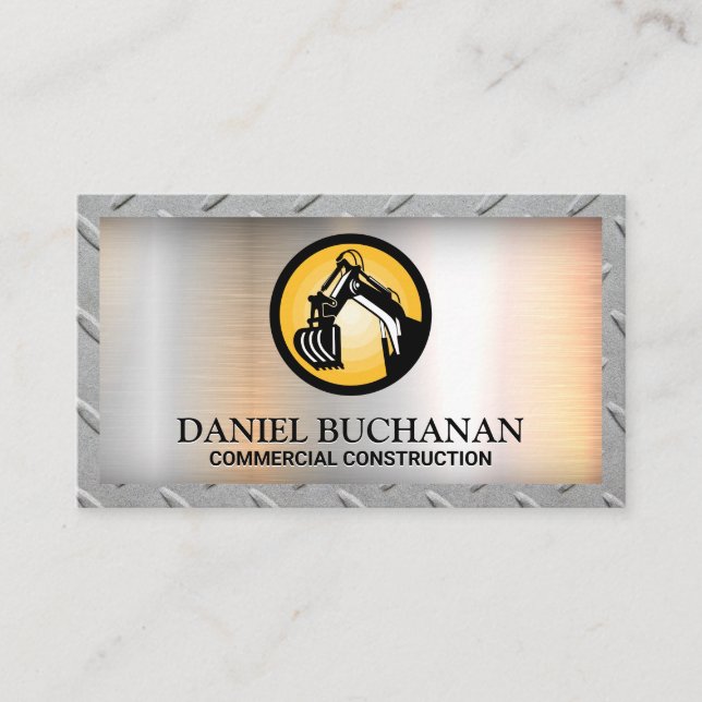 Bull Dozer Logo | Steel Grid Border Business Card (Front)
