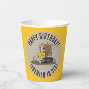 Bull driving bulldozer birthday personalised paper cups