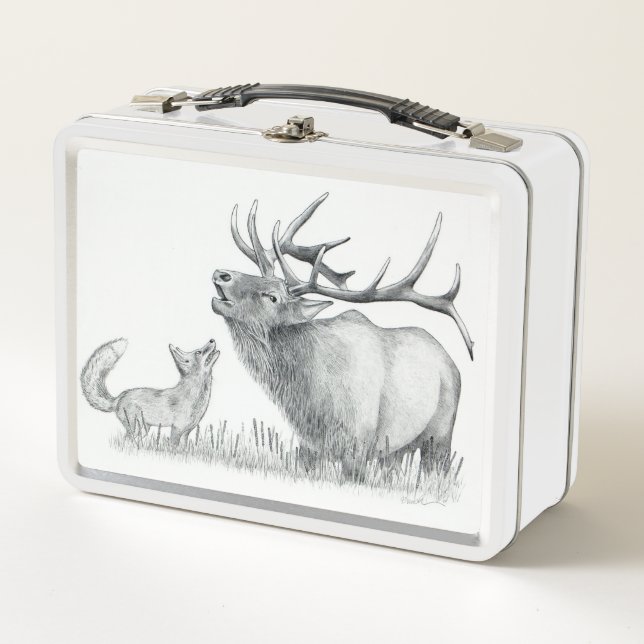Bull Elk and Fox Metal Lunch Box (Front)