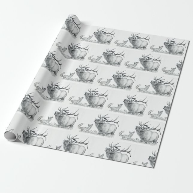 Bull Elk and Fox Wrapping Paper (Unrolled)