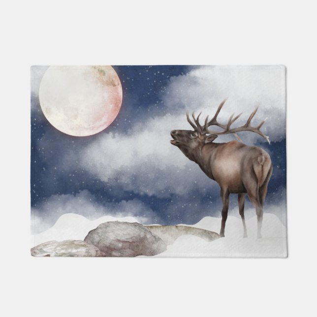 Bull Elk Bugling at the Full Moon Mountain Doormat (Front)