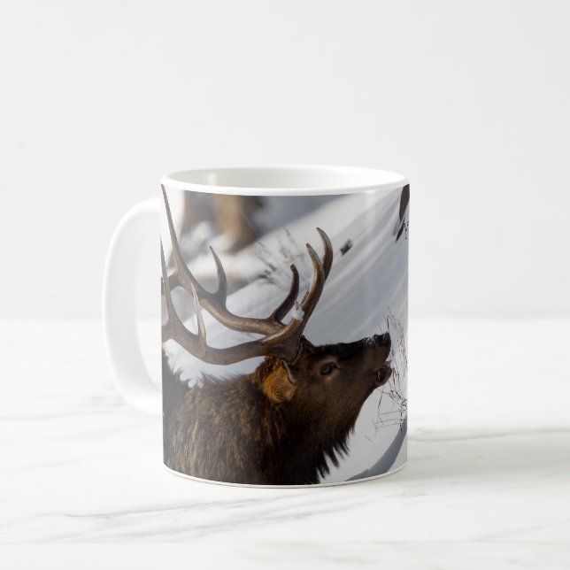 Bull Elk Grazing on Snowy Slope, Yellowstone Coffee Mug (Front Left)