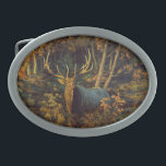 Bull Elk in Autumn Forest Belt Buckle<br><div class="desc">A big bull elk sporting large trophy antlers during the autumn rut. An elk hunter's dream! Fall colours on the surrounding forest trees create the perfect natural wilderness setting for this favourite North American big game animal. Realistic artwork created from an original oil painting by wildlife and equine artist Crista...</div>