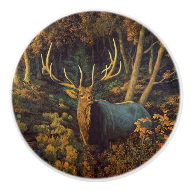 Bull Elk in Autumn Forest Ceramic Knob (Front)