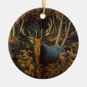 Bull Elk in Autumn Forest Ceramic Ornament